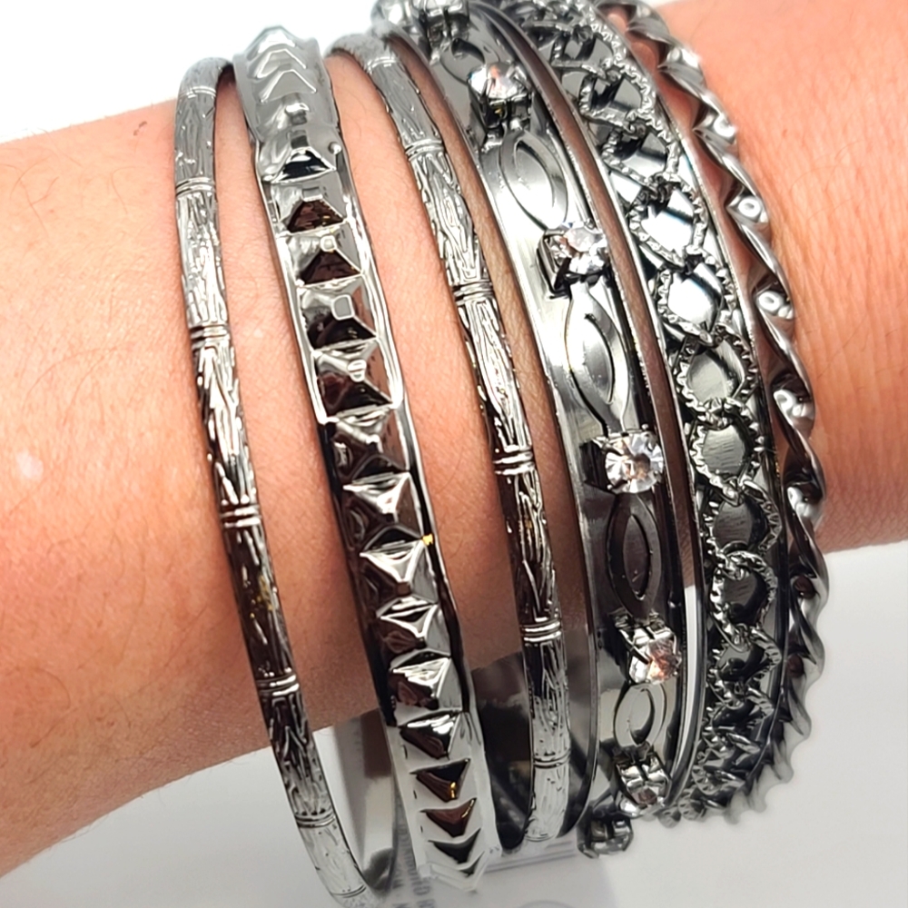Women's Bangle Bracelets 6 Piece Set, Crystal Rhinestones - Hematite 8in
